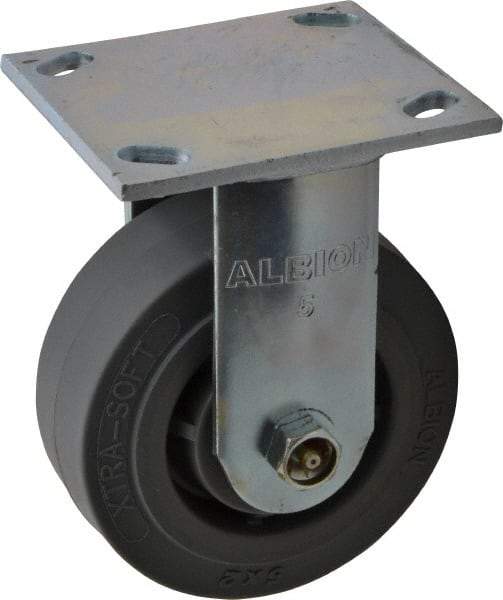 Albion - 5" Diam x 2" Wide x 6-1/2" OAH Top Plate Mount Rigid Caster - Soft Rubber, 350 Lb Capacity, Roller Bearing, 4 x 4-1/2" Plate - Benchmark Tooling
