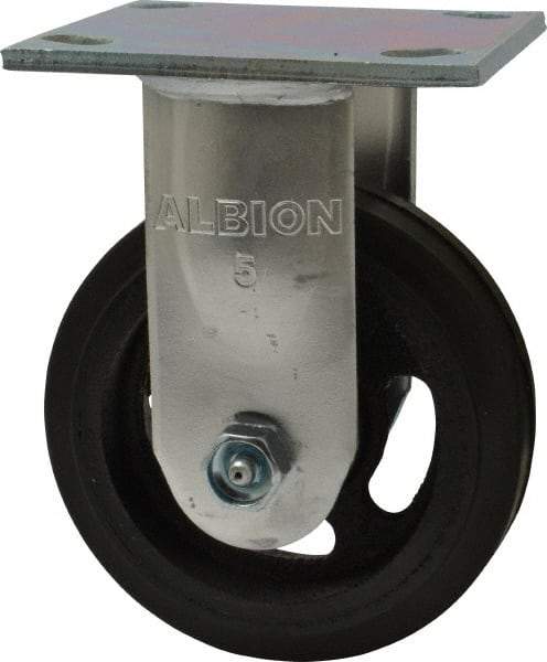 Albion - 5" Diam x 1-1/2" Wide x 6-1/2" OAH Top Plate Mount Rigid Caster - Rubber, 300 Lb Capacity, Roller Bearing, 4 x 4-1/2" Plate - Benchmark Tooling