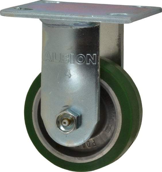 Albion - 4" Diam x 1-1/2" Wide x 5-5/8" OAH Top Plate Mount Rigid Caster - Polyurethane, 600 Lb Capacity, Roller Bearing, 4 x 4-1/2" Plate - Benchmark Tooling