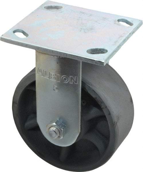 Albion - 5" Diam x 2" Wide x 6-1/2" OAH Top Plate Mount Rigid Caster - Cast Iron, 900 Lb Capacity, Roller Bearing, 4 x 4-1/2" Plate - Benchmark Tooling