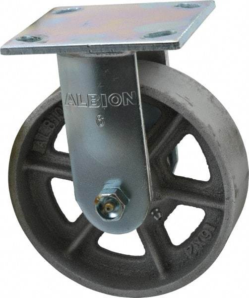 Albion - 6" Diam x 2" Wide x 7-1/4" OAH Top Plate Mount Rigid Caster - Cast Iron, 900 Lb Capacity, Roller Bearing, 4 x 4-1/2" Plate - Benchmark Tooling