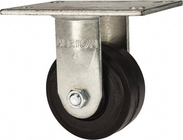 Albion - 4" Diam x 2" Wide x 5-5/8" OAH Top Plate Mount Rigid Caster - Rubber, 350 Lb Capacity, Roller Bearing, 4-1/2 x 6-1/4" Plate - Benchmark Tooling
