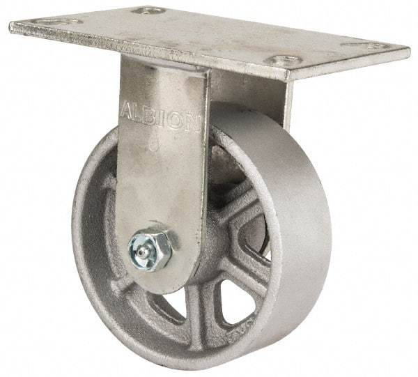 Albion - 5" Diam x 2" Wide x 6-1/2" OAH Top Plate Mount Rigid Caster - Cast Iron, 1,400 Lb Capacity, Roller Bearing, 4-1/2 x 6-1/4" Plate - Benchmark Tooling
