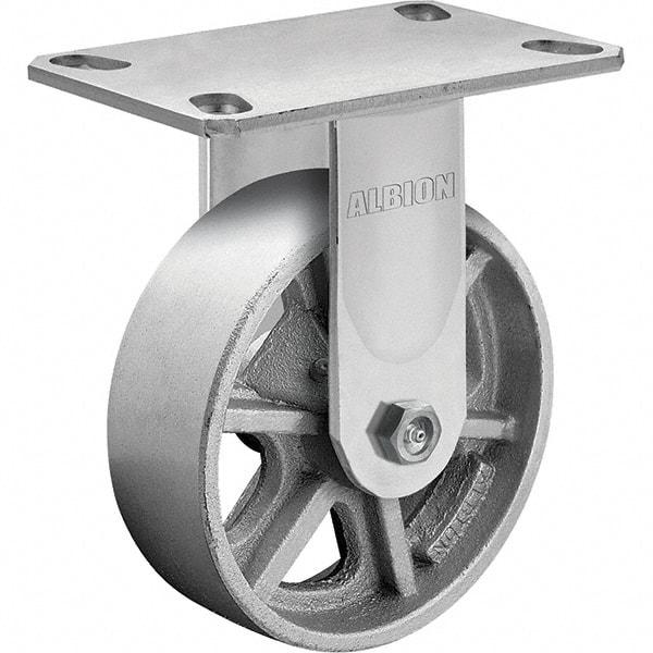 Albion - 8" Diam x 2" Wide x 10-1/8" OAH Top Plate Mount Rigid Caster - Cast Iron, 1,400 Lb Capacity, Roller Bearing, 4-1/2 x 6-1/4" Plate - Benchmark Tooling