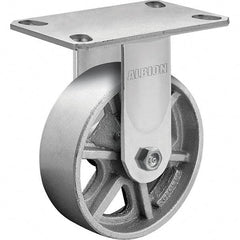 Albion - 8" Diam x 2" Wide x 10-1/8" OAH Top Plate Mount Rigid Caster - Cast Iron, 1,400 Lb Capacity, Roller Bearing, 4-1/2 x 6-1/4" Plate - Benchmark Tooling