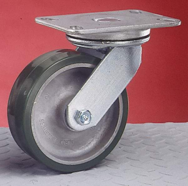 Albion - 4" Diam x 2" Wide x 5-5/8" OAH Top Plate Mount Swivel Caster - Rubber, 350 Lb Capacity, Roller Bearing, 4-1/2 x 6-1/4" Plate - Benchmark Tooling