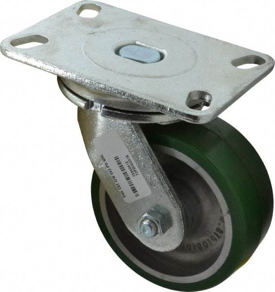 Albion - 5" Diam x 2" Wide x 6-1/2" OAH Top Plate Mount Swivel Caster - Polyurethane, 1,050 Lb Capacity, Roller Bearing, 4-1/2 x 6-1/4" Plate - Benchmark Tooling