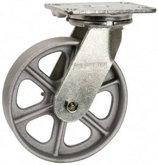 Albion - 8" Diam x 2" Wide x 10-1/8" OAH Top Plate Mount Swivel Caster - Cast Iron, 1,400 Lb Capacity, Roller Bearing, 4-1/2 x 6-1/4" Plate - Benchmark Tooling
