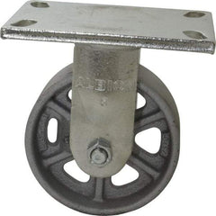 Albion - 5" Diam x 2" Wide x 6-1/2" OAH Top Plate Mount Rigid Caster - Cast Iron, 1,000 Lb Capacity, Roller Bearing, 5 x 6-1/4" Plate - Benchmark Tooling
