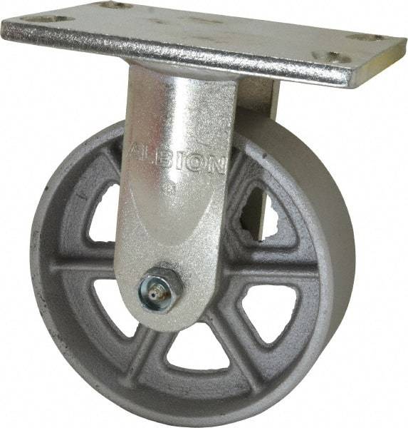 Albion - 6" Diam x 2" Wide x 7-1/2" OAH Top Plate Mount Rigid Caster - Cast Iron, 1,200 Lb Capacity, Roller Bearing, 5 x 6-1/4" Plate - Benchmark Tooling