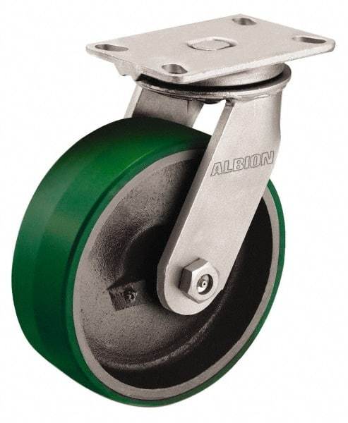 Albion - 6" Diam x 2-1/2" Wide x 7-5/8" OAH Top Plate Mount Swivel Caster - Polyurethane, 1,620 Lb Capacity, Roller Bearing, 4-1/2 x 6-1/4" Plate - Benchmark Tooling