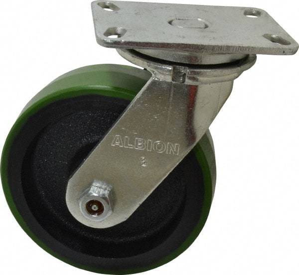 Albion - 8" Diam x 2-1/2" Wide x 10-1/8" OAH Top Plate Mount Swivel Caster - Polyurethane, 2,000 Lb Capacity, Roller Bearing, 4-1/2 x 6-1/4" Plate - Benchmark Tooling