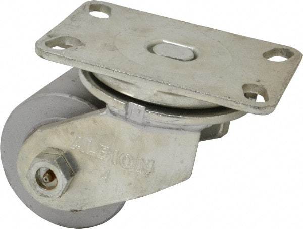 Albion - 4" Diam x 3" Wide x 5-1/2" OAH Top Plate Mount Swivel Caster - Cast Iron, 2,000 Lb Capacity, Roller Bearing, 4-1/2 x 6-1/4" Plate - Benchmark Tooling