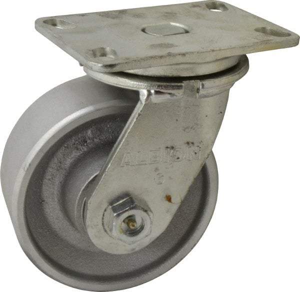 Albion - 6" Diam x 2-1/2" Wide x 7-5/8" OAH Top Plate Mount Swivel Caster - Cast Iron, 2,000 Lb Capacity, Roller Bearing, 4-1/2 x 6-1/4" Plate - Benchmark Tooling
