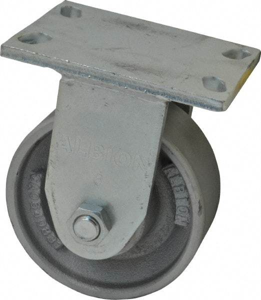 Albion - 6" Diam x 2-1/2" Wide x 7-5/8" OAH Top Plate Mount Rigid Caster - Cast Iron, 2,000 Lb Capacity, Roller Bearing, 5 x 6-1/4" Plate - Benchmark Tooling