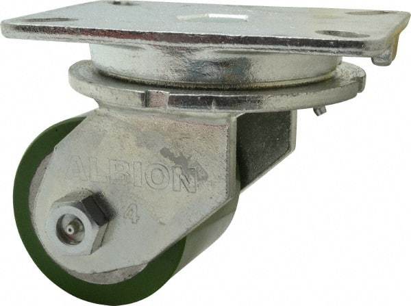 Albion - 4" Diam x 3-1/4" Wide x 6" OAH Top Plate Mount Swivel Caster - Polyurethane, 1,200 Lb Capacity, Roller Bearing, 5-1/4 x 7-1/4" Plate - Benchmark Tooling