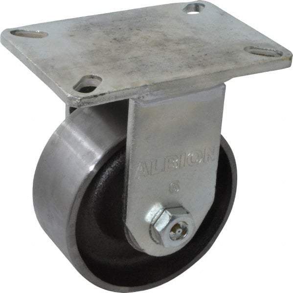Albion - 6" Diam x 2-1/2" Wide x 8" OAH Top Plate Mount Rigid Caster - Forged Steel, 3,500 Lb Capacity, Roller Bearing, 5 x 7-1/4" Plate - Benchmark Tooling