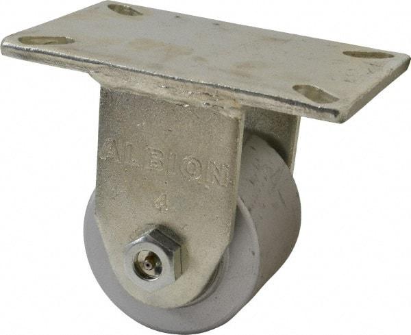 Albion - 4" Diam x 3" Wide x 6" OAH Top Plate Mount Rigid Caster - Cast Iron, 2,000 Lb Capacity, Roller Bearing, 5 x 7-1/4" Plate - Benchmark Tooling