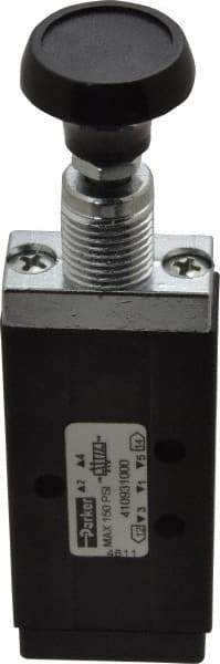 Parker - 0.20 CV Rate, 1/8" NPT Inlet Direct Air 2 Mechanical Spool Valve - 4 Way, 2 Position, 150 Max psi, Button Push Pull - Benchmark Tooling