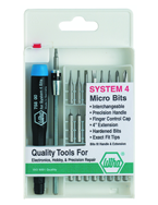 27 Piece - System 4 Micro Bit Interchangeable Set - #75991 - Includes: Handle and Slotted; Phillips; Torx®; Hex Inch Micro Bits. 105mm Bit Extension - In Compact Fold Out Box - Benchmark Tooling