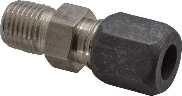 Made in USA - 3/8" OD, Grade 316Stainless Steel Male Connector - -75 to 750°F, 5/8" Hex, Comp x MPT Ends - Benchmark Tooling