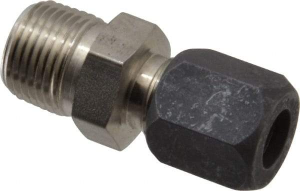 Made in USA - 3/8" OD, Grade 316Stainless Steel Male Connector - -75 to 750°F, 3/4" Hex, Comp x MPT Ends - Benchmark Tooling