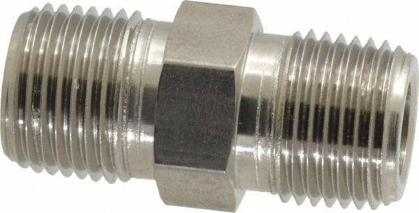 Made in USA - 1/2" Grade 316 Stainless Steel Pipe Hex Nipple - MNPTF x MNPTF End Connections - Benchmark Tooling
