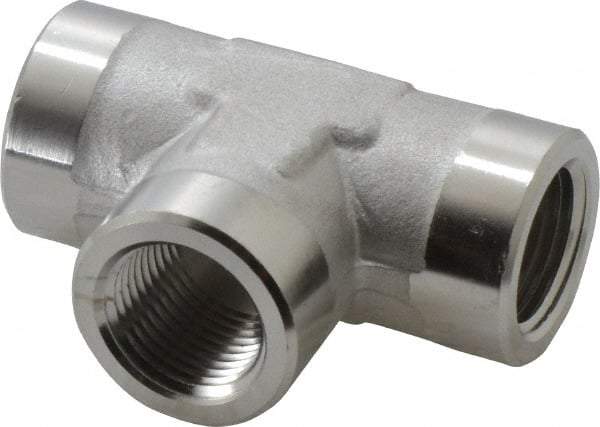 Made in USA - 3/8" Grade 316 Stainless Steel Pipe Tee - FNPTF x FNPTF x FNPTF End Connections - Benchmark Tooling