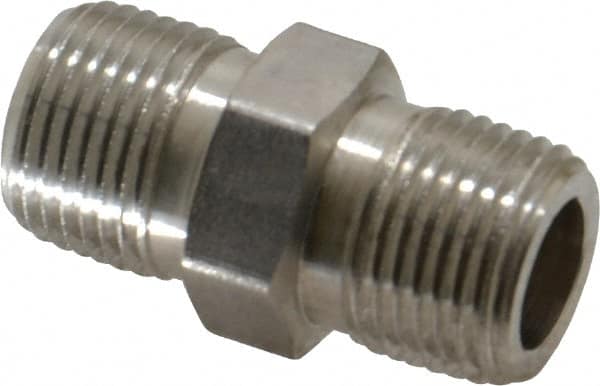 Made in USA - 3/8" Grade 316 Stainless Steel Pipe Hex Nipple - MNPTF x MNPTF End Connections - Benchmark Tooling