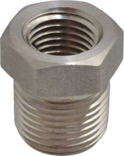 Made in USA - 3/8 x 1/4" Grade 316 Stainless Steel Pipe Hex Bushing - MNPTF x FNPTF End Connections - Benchmark Tooling