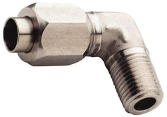 Made in USA - 5/8" Tube OD, 37° Stainless Steel Flared Tube Male Elbow - 3/8-18 NPTF, Flare x MNPTF Ends - Benchmark Tooling
