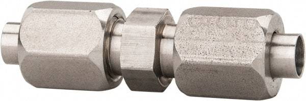 Made in USA - 1" Tube OD, 37° Stainless Steel Flared Tube Union - 1-1/16-12 UNF, Flare x Flare Ends - Benchmark Tooling