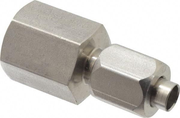 Made in USA - 1/4" Tube OD, 37° Stainless Steel Flared Tube Female Connector - 1/4-18 NPTF, Flare x FNPT Ends - Benchmark Tooling