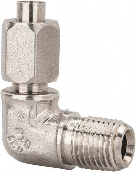 Made in USA - 1/4" Tube OD, 37° Stainless Steel Flared Tube Male Elbow - 1/4-18 NPTF, Flare x MNPTF Ends - Benchmark Tooling