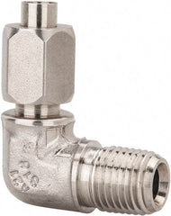 Made in USA - 1/4" Tube OD, 37° Stainless Steel Flared Tube Male Elbow - 1/4-18 NPTF, Flare x MNPTF Ends - Benchmark Tooling