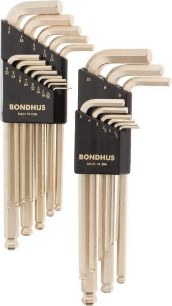 Bondhus - 22 Piece L-Key Ball End Hex Key Set - Hex Range 0.05 to 3/8", Steel - Benchmark Tooling