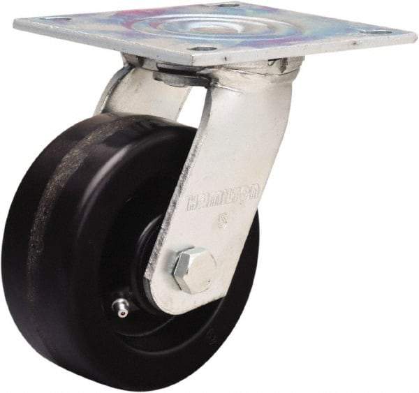 Hamilton - 5" Diam x 2" Wide x 6-1/2" OAH Top Plate Mount Swivel Caster - Phenolic, 900 Lb Capacity, Straight Roller Bearing, 5 x 5-1/2" Plate - Benchmark Tooling