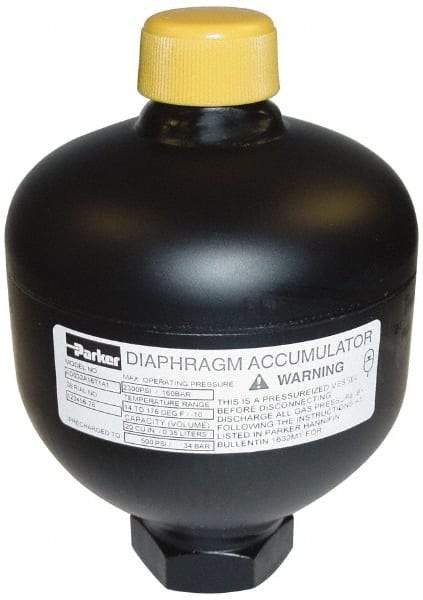 Parker - 5 Lb. Capacity, 3,620 psi Max Working Pressure, 4.35" High, Hydrin Diaphragm Accumulator - 2.52" Diam, 6 SAE Port Thread - Benchmark Tooling