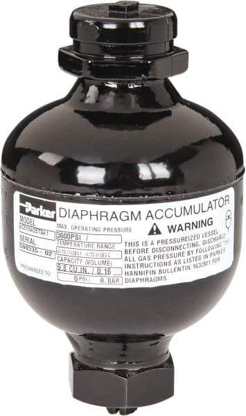 Parker - 10 Lb. Capacity, 3,620 psi Max Working Pressure, 4.69" High, Hydrin Diaphragm Accumulator - 2.95" Diam, 6 SAE Port Thread - Benchmark Tooling