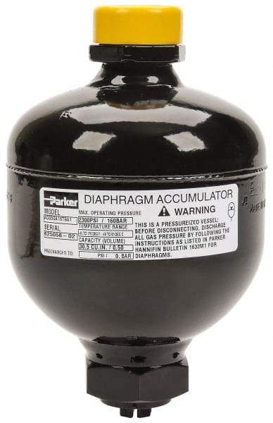 Parker - 30 Lb. Capacity, 3,045 psi Max Working Pressure, 5.94" High, Hydrin Diaphragm Accumulator - 4.2" Diam, 8 SAE Port Thread - Benchmark Tooling