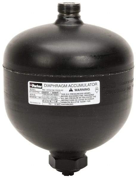 Parker - 85 Lb. Capacity, 3,620 psi Max Working Pressure, 7.95" High, Hydrin Diaphragm Accumulator - 5.98" Diam, 8 SAE Port Thread - Benchmark Tooling