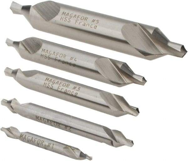 Magafor - 5 Piece, #1 to 5, 1/8 to 7/16" Body Diam, 3/64 to 3/16" Point Diam, Plain Edge, High Speed Steel Combo Drill & Countersink Set - 60° Incl Angle, 0.067 to 0.256" Point Length, 1/8 to 2-3/4" OAL, Double End, 115 Series Compatibility - Benchmark Tooling