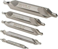 Magafor - 5 Piece, #1 to 5, 1/8 to 7/16" Body Diam, 3/64 to 3/16" Point Diam, Plain Edge, High Speed Steel Combo Drill & Countersink Set - 60° Incl Angle, 0.067 to 0.256" Point Length, 1/8 to 2-3/4" OAL, Double End, 115 Series Compatibility - Benchmark Tooling