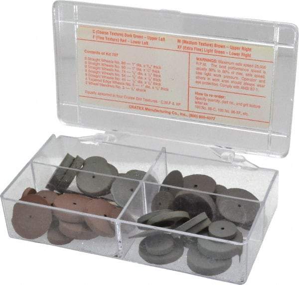 Cratex - 38 Piece Rubberized Small Abrasive Wheel Set - Mounted on 1/8" Diam Shank, Mandrels Included - Benchmark Tooling