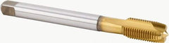 Kennametal - M10x1.00 Metric Fine, 3 Flute, TiN Finish, Powdered Metal Spiral Point Tap - Plug Chamfer, Right Hand Thread, 90mm OAL, 18mm Thread Length, 7mm Shank Diam, 6HX Class of Fit, Series T600 - Exact Industrial Supply