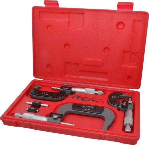 Value Collection - 0 to 3" Range, 3 Piece Mechanical Outside Micrometer Set - 0.0001" Graduation, 0.000160, 0.000200 Accuracy, Ratchet Stop Thimble - Benchmark Tooling