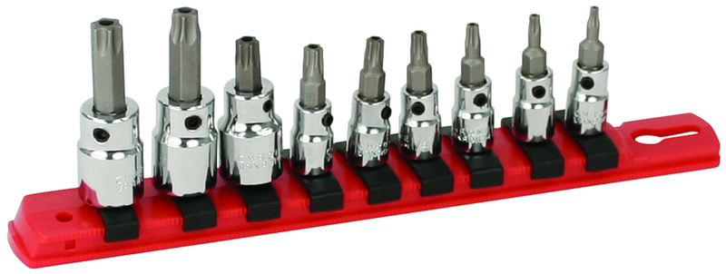 1/4" Drive: T10s; T15s; T20s; T27s; T30s and 3/8" T40s (1/4" Bit) and 3/8" T45s; T50s (5/16" Bit) on rail - Square Drive Replaceable Bit - Security Torx Bit Socket Set - Benchmark Tooling