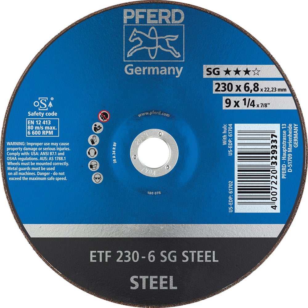 PFERD - Depressed-Center Wheels; Hole Size (Inch): 7/8 ; Connector Type: Arbor ; Wheel Type Number: Type 28 ; Abrasive Material: Aluminum Oxide ; Maximum RPM: 6600.000 ; Bond Type: Resinoid - Exact Industrial Supply