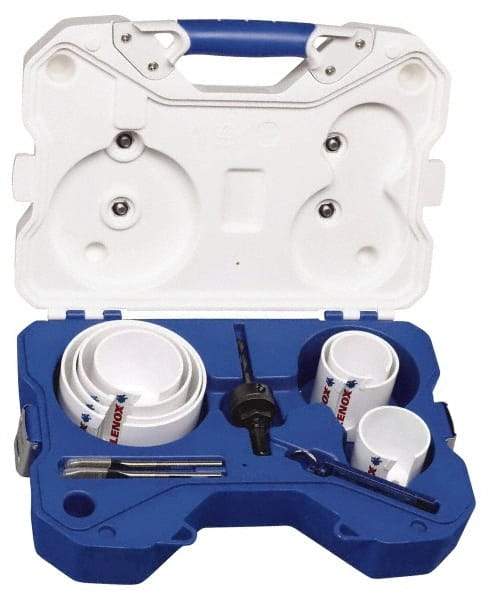 Lenox - 11 Piece, 2-1/8" to 4-5/8" Saw Diam, Hard Wood Hole Saw Kit - High Speed Steel, Toothed Edge, Includes 7 Hole Saws - Benchmark Tooling