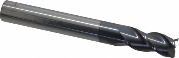 Accupro - 1/2", 1" LOC, 1/2" Shank Diam, 4" OAL, 3 Flute, Solid Carbide Square End Mill - Single End, AlTiN Finish, Spiral Flute, 40° Helix, Centercutting, Right Hand Cut, Right Hand Flute - Benchmark Tooling